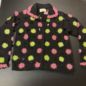 Design Options Philip Jane Gordon Sz Med Black Cardigan Sweater / Pink & Green